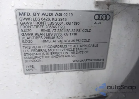 2019 Audi Q7 45 Premium/45 Se Premium z USA, uszkodzony, nr VIN WA1LHAF75KD035848